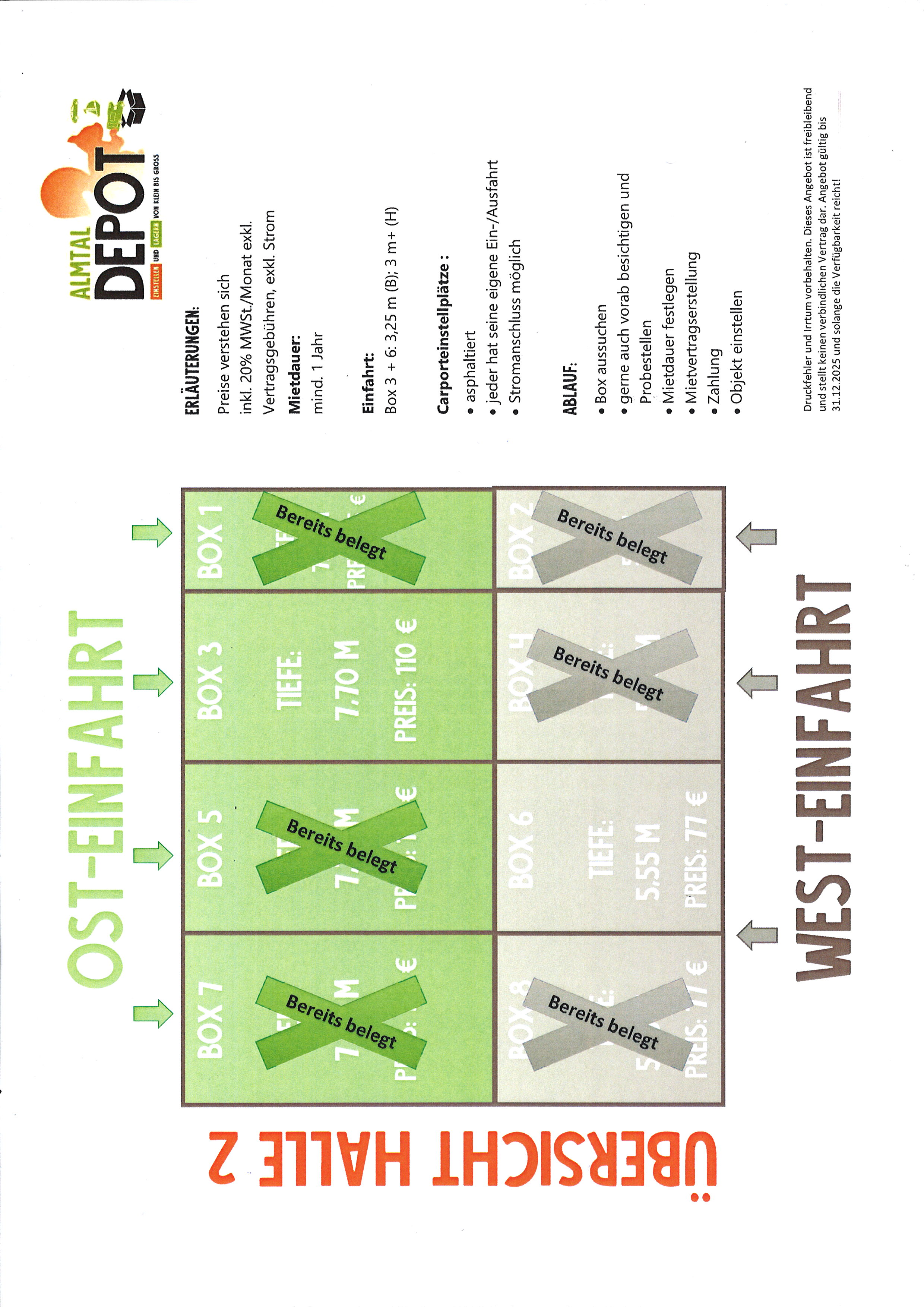 Abstellplatz - geeignet für: Wohnwagen - Oberösterreich - Übersichtsplan mit Preisen_Halle 2 - Almtaldepot