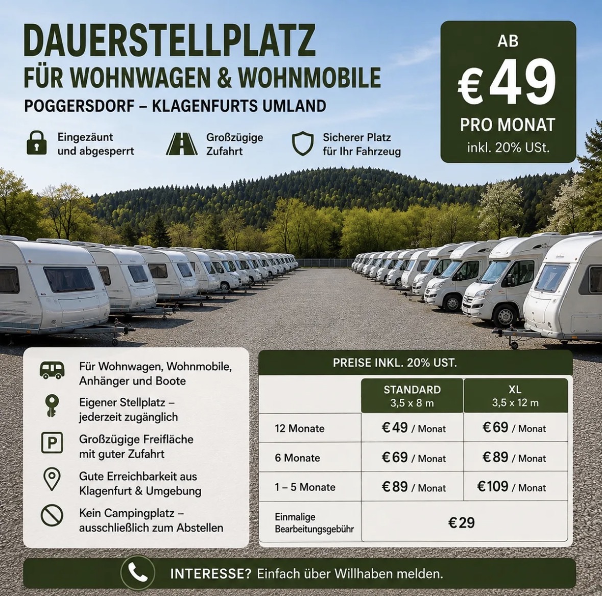 Abstellplatz - Eingezäunter & videoüberwachter Stellplatz in Poggersdorf (Klagenfurt-Land) – 24/7 Zugang